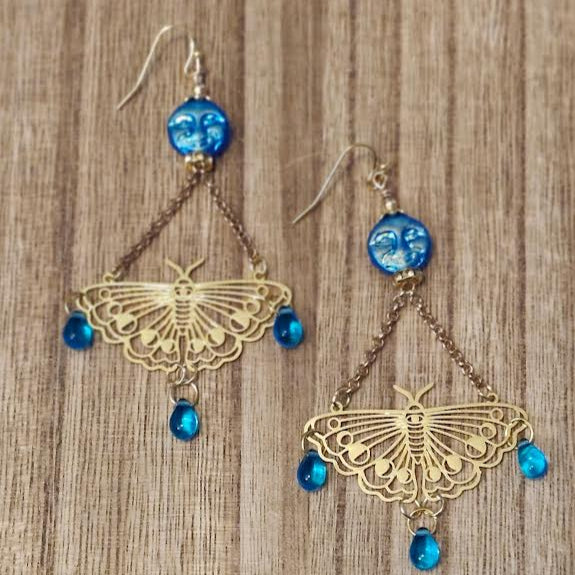 Czech Pressed Glass Moth and Moon Earrings