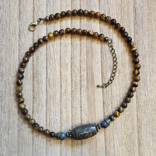 DZI Bead, Tiger Eye, and Jade Necklace