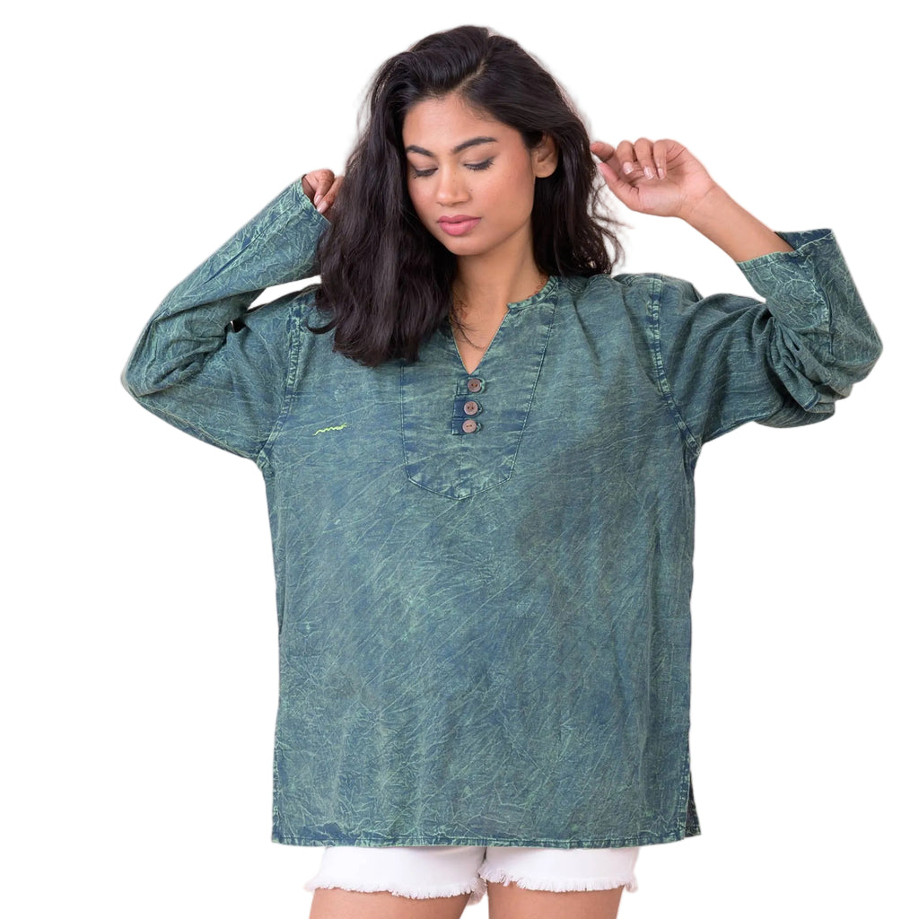 Button V-Neck Shirt, Cotton Acid Wash Long Sleeve