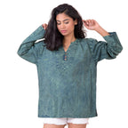 Button V-Neck Shirt, Cotton Acid Wash Long Sleeve