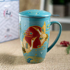 Japanese Crane Design 15oz Tea Mugs with Lid and Infuser for Loose Leaf Tea