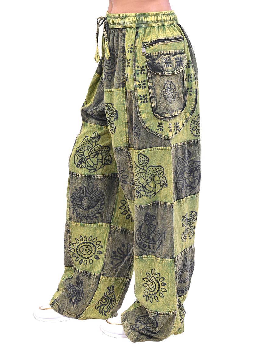 Green and Gray Printed Patchwork Pants