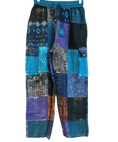Blue Cotton Patchwork Pants