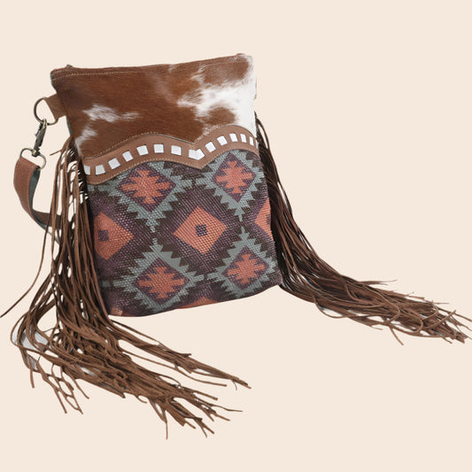 Crossbody With Leather Fringe CowHide and Canvas