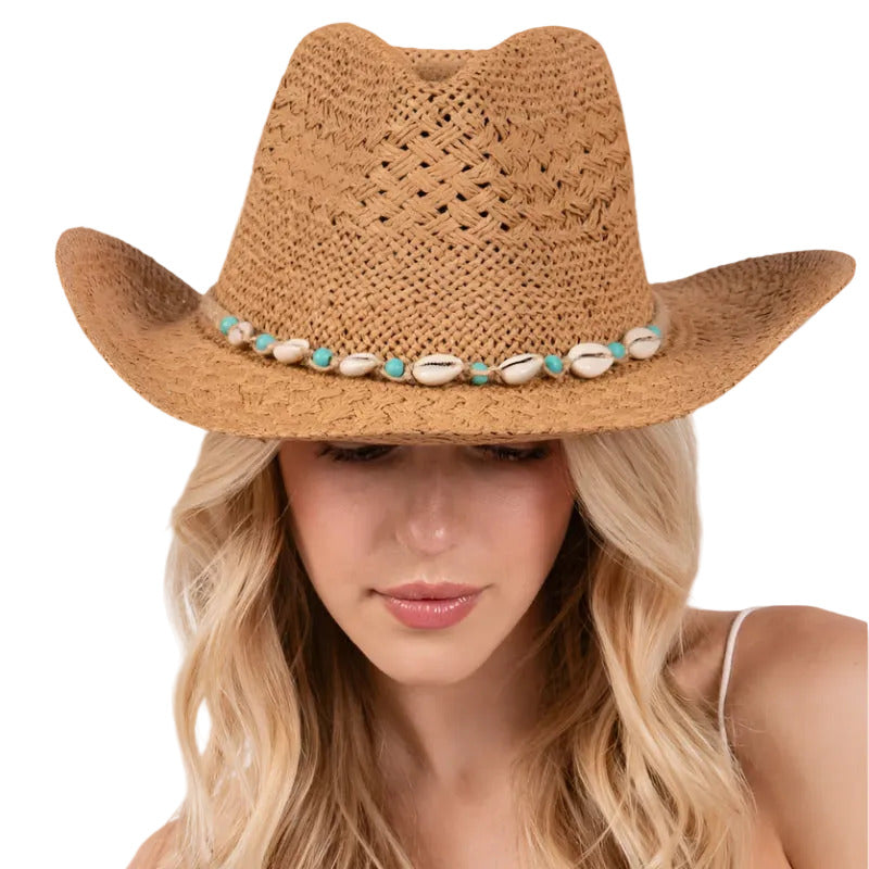 Straw Braided Cowrie Shell Western Cowboy Hat