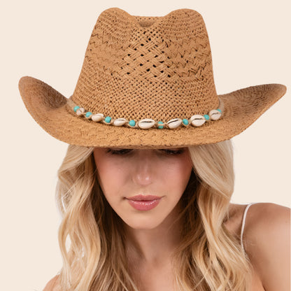 Straw Braided Cowrie Shell Western Cowboy Hat