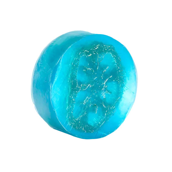Turquoise-colored soap bar on a white background
