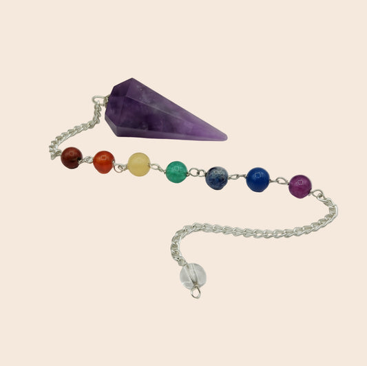 Amethyst Pendulum w/Chakra Gemstone Beads-Silver Plate Chain