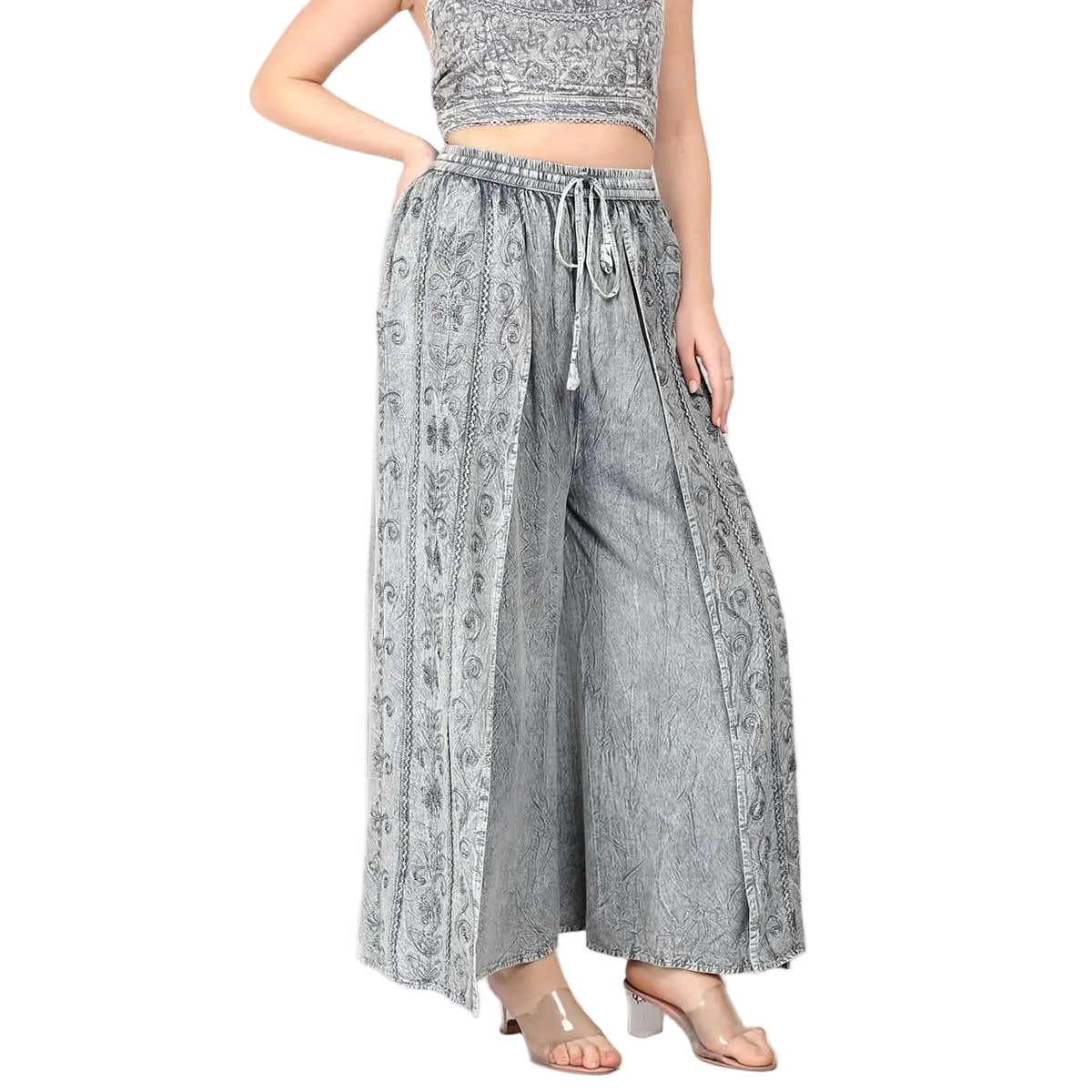 Stonewash Embroidered Front Slit Pants