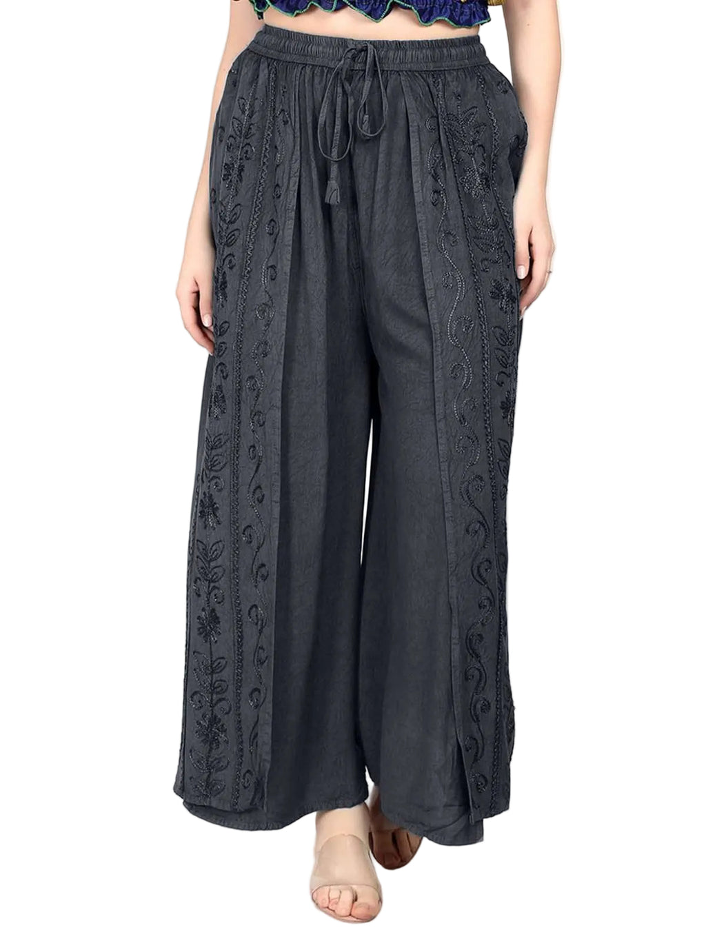 Stonewash Embroidered Front Slit Pants