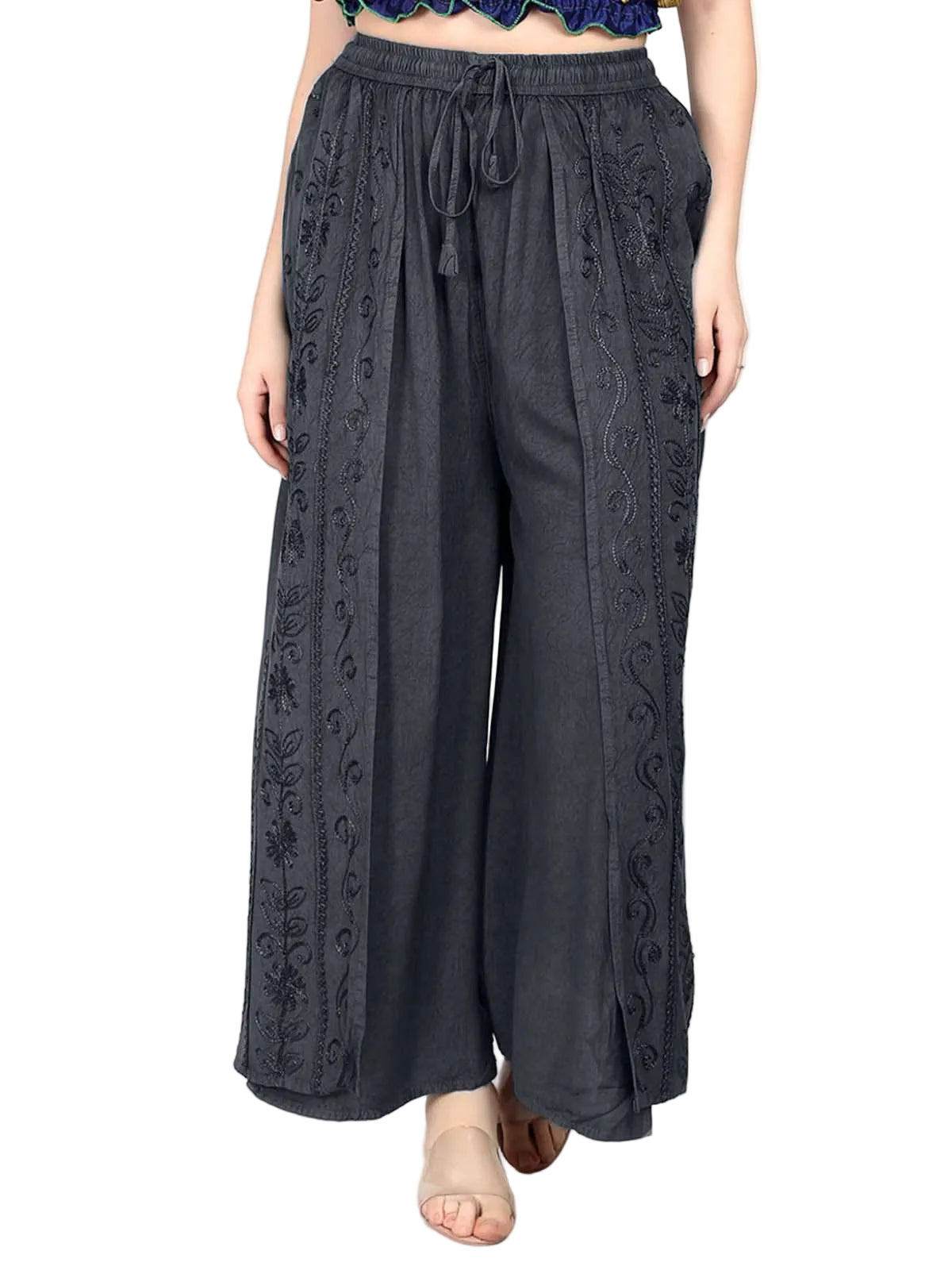 Stonewash Embroidered Front Slit Pants