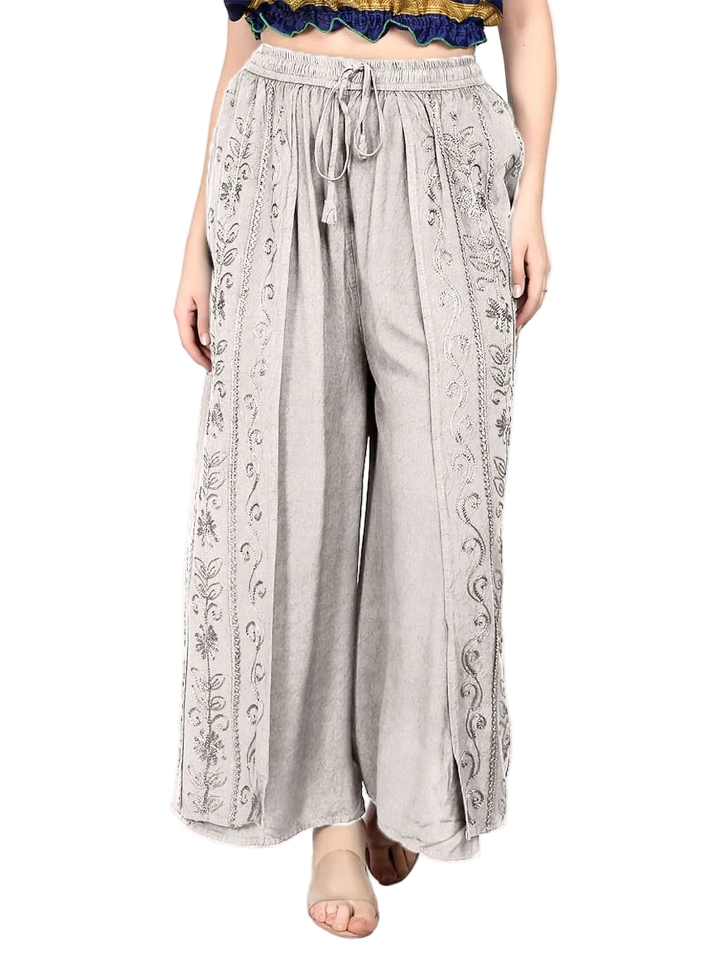 Stonewash Embroidered Front Slit Pants