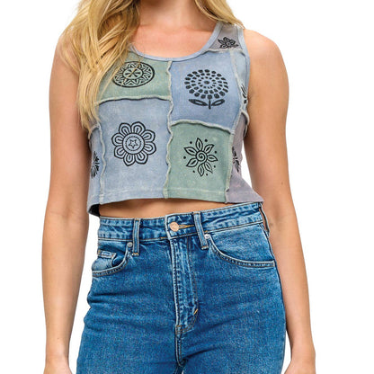Boho Patchwork Ribbed Crop Tank Top Art Painted