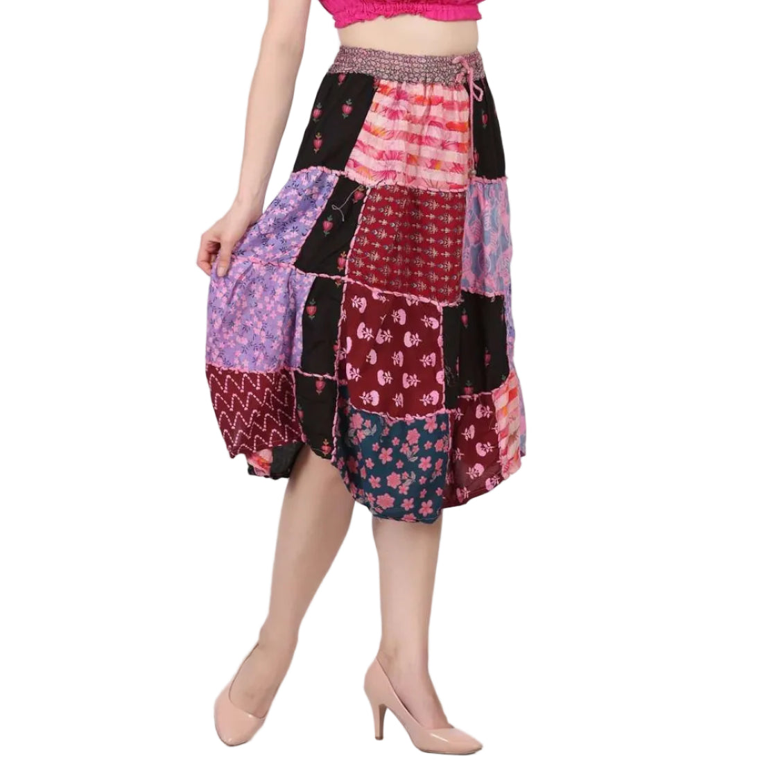 Patchwork Hand Thread Work Midi Skirt
