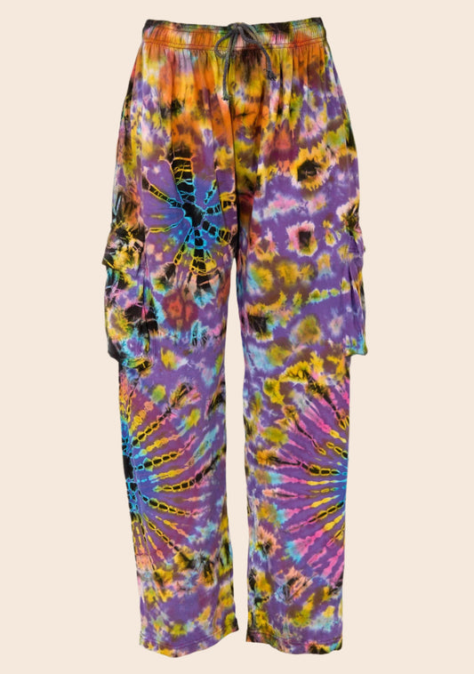 Colorful tie-dye pants on a white background