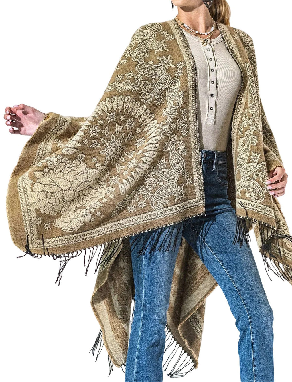 Tan Paisley Fringe Kimono