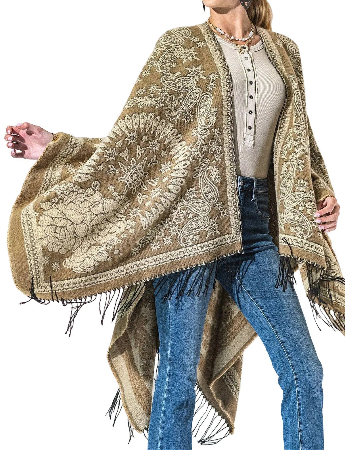 Tan Paisley Fringe Kimono