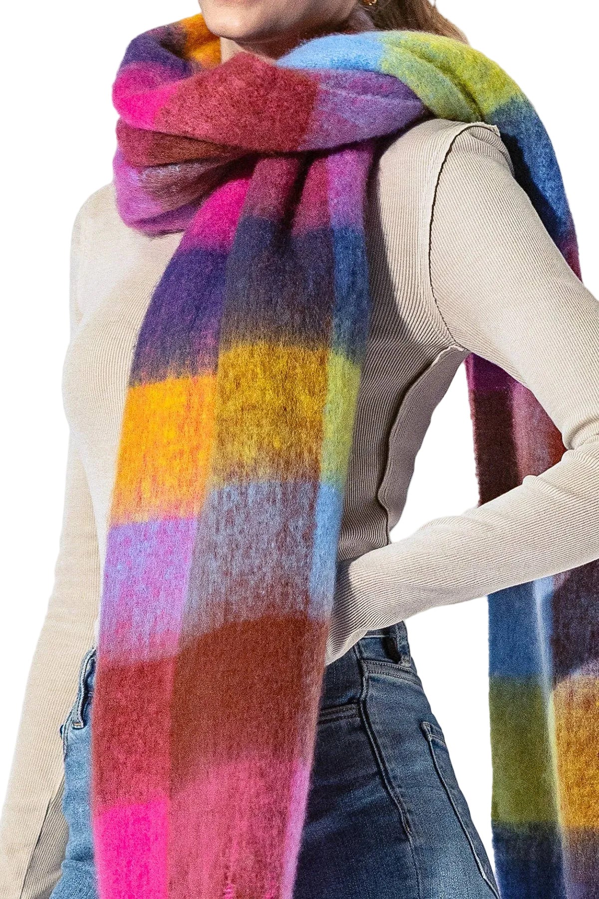 Checkered Fuchsia Fringe Scarf