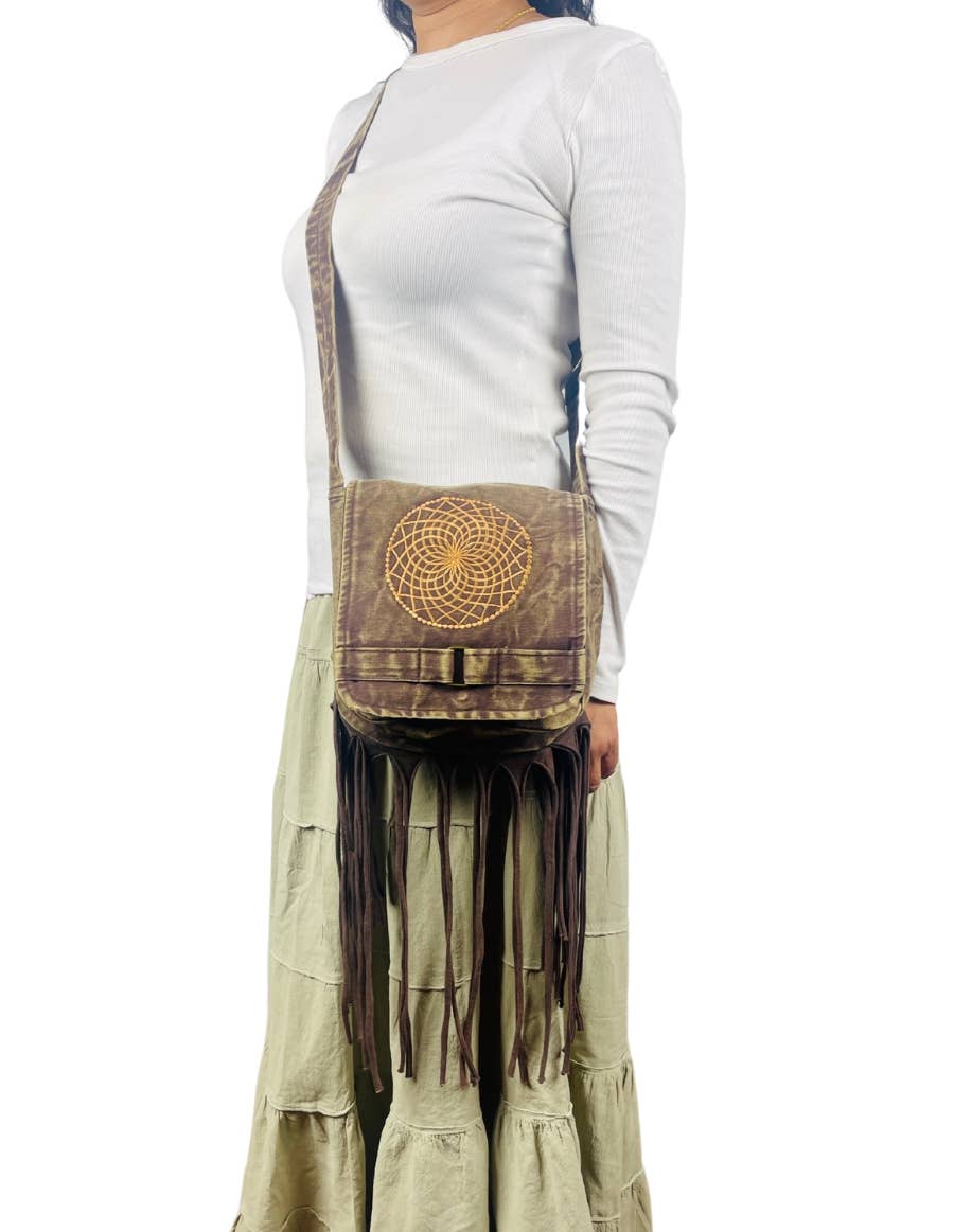 Geometric Embroidery Boho Fringe Crossbody Bag