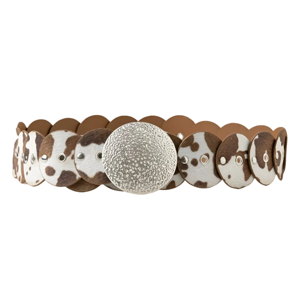 Western Inspired Faux Cowhide Large Round Buckle Belt
