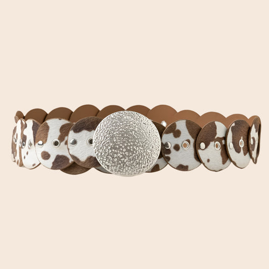 Western Inspired Faux Cowhide Large Round Buckle Belt