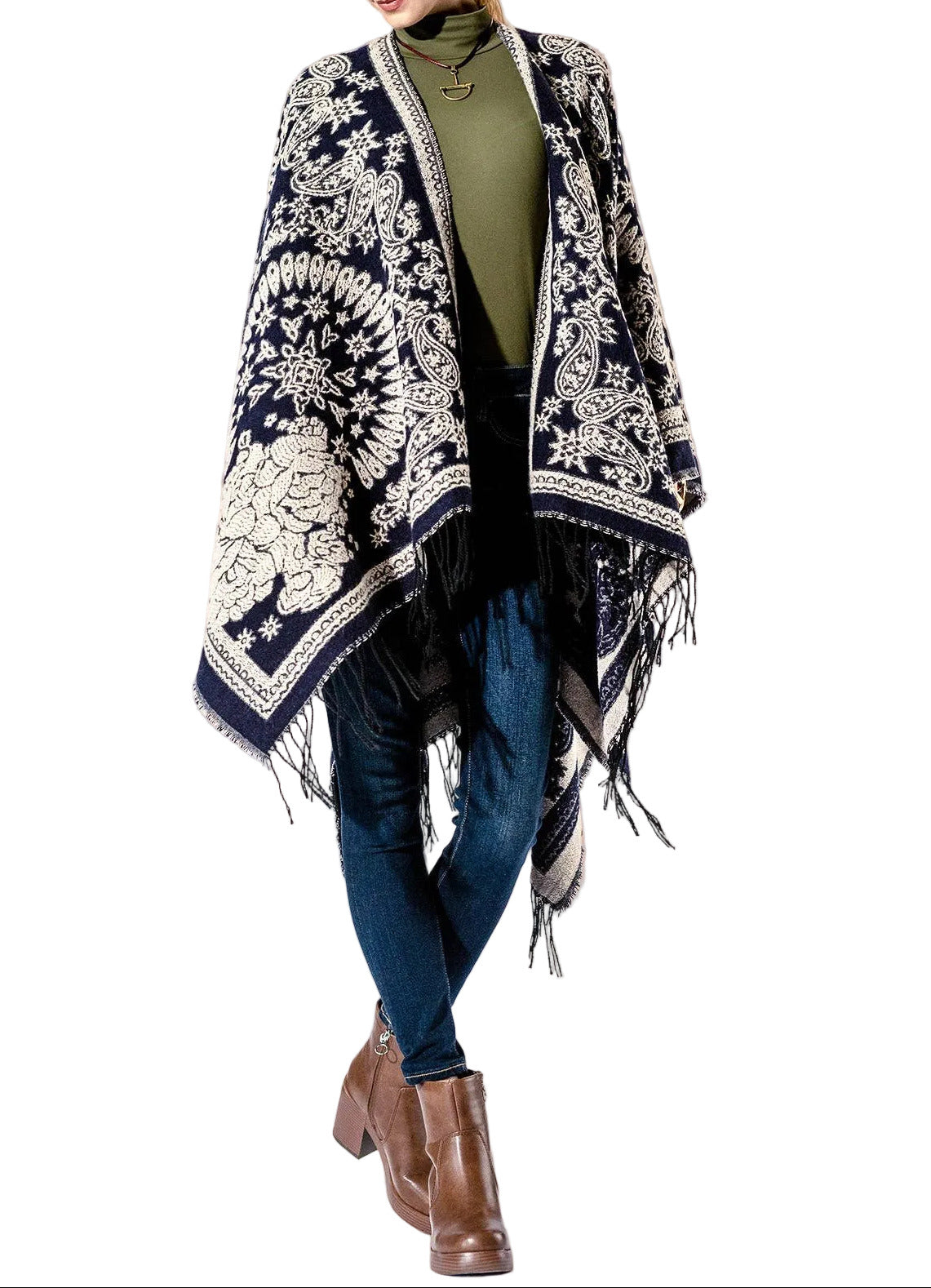 Navy and White Paisley Fringe Kimono