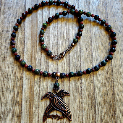 Dragon's Blood Jasper and Red Jasper Celtic Copper Raven Necklace