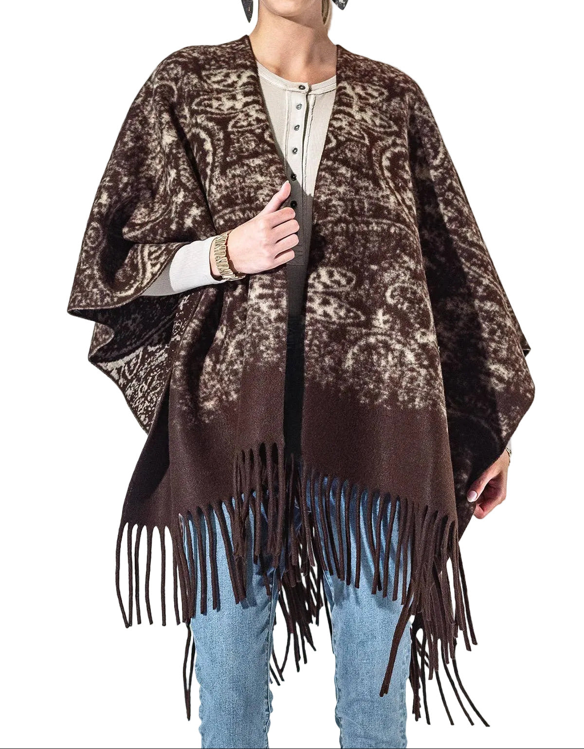 Chocolate Paisley Fringe Kimono