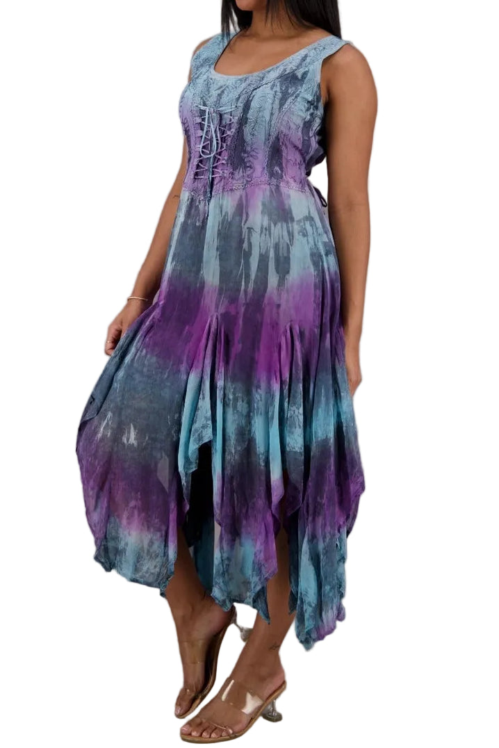 Tie Dye Rayon Lace Up Dress