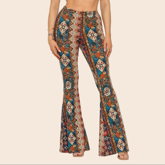Boho Floral Printed Flared Pants