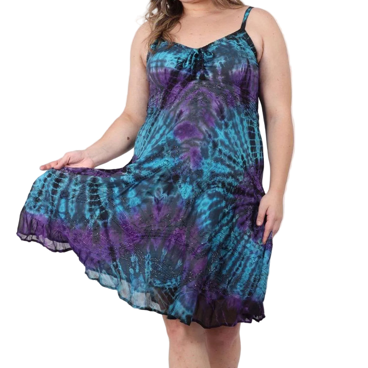 Tie Dye Embroidery Short Dress Sleeveless