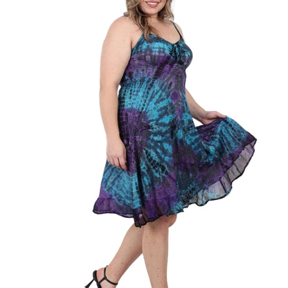 Tie Dye Embroidery Short Dress Sleeveless