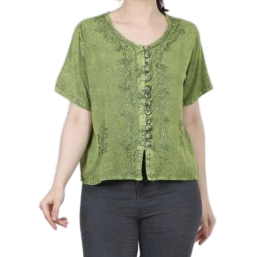 Stone Wash Button Short Sleeve Top