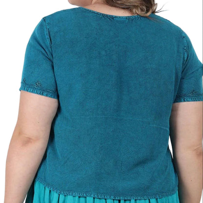 Stone Wash Button Short Sleeve Top