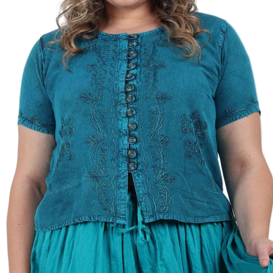 Stone Wash Button Short Sleeve Top