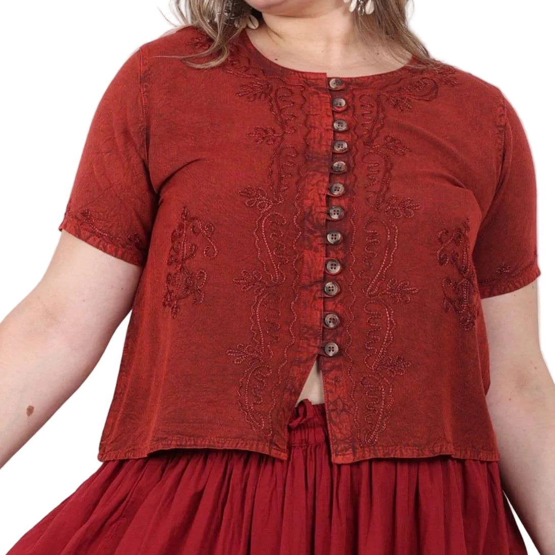 Stone Wash Button Short Sleeve Top