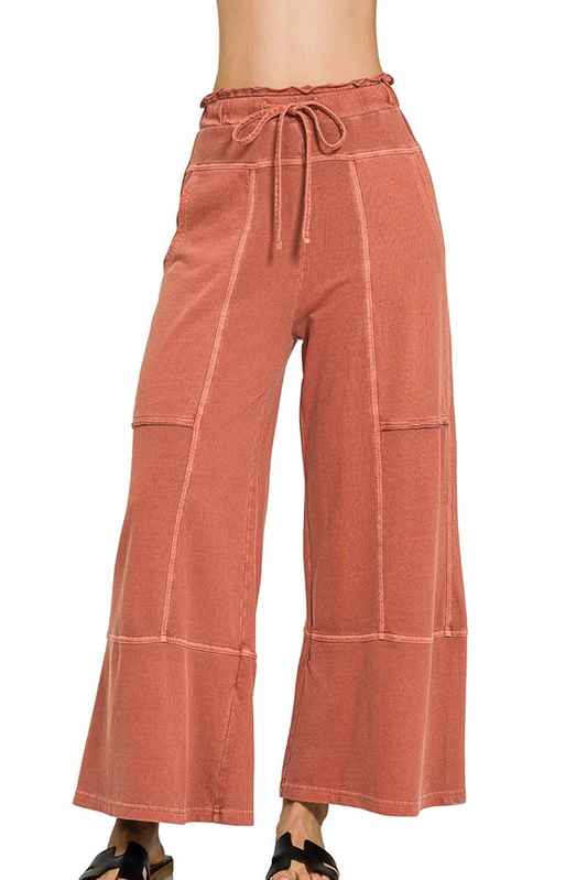 French Terry Washed Exposed-Seam Wide Leg Pants