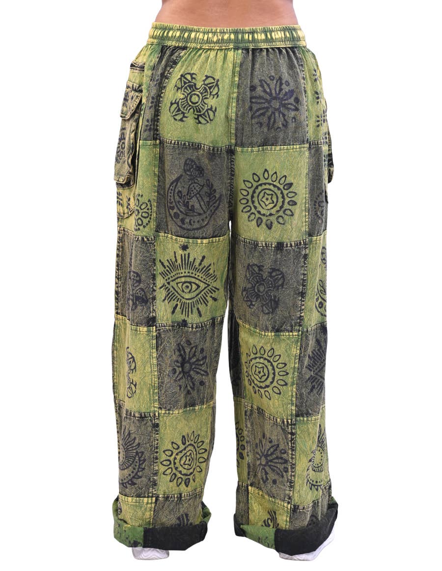 Green and Gray Printed Patchwork Pants