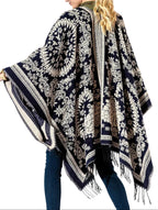Navy and White Paisley Fringe Kimono