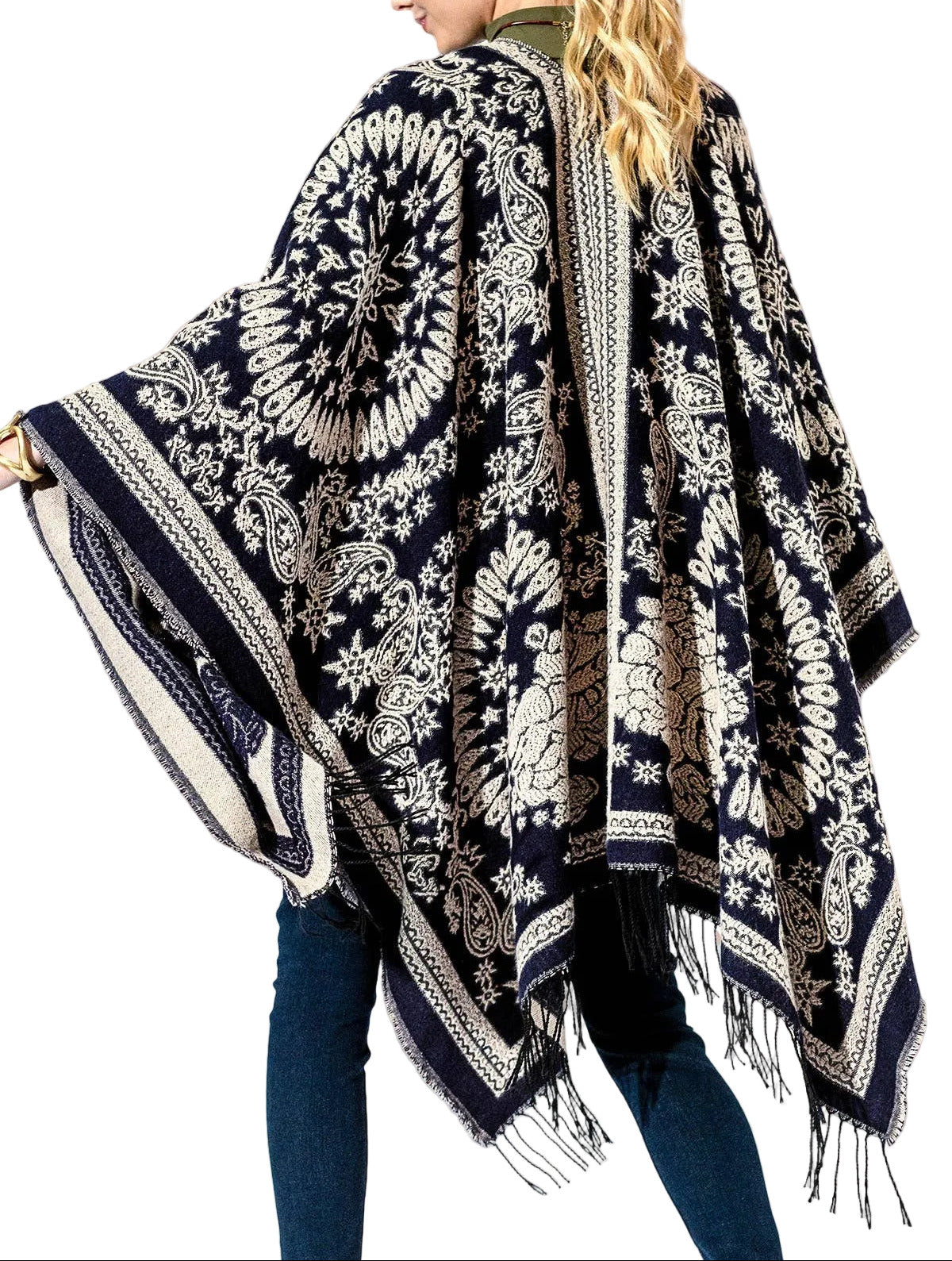 Navy and White Paisley Fringe Kimono
