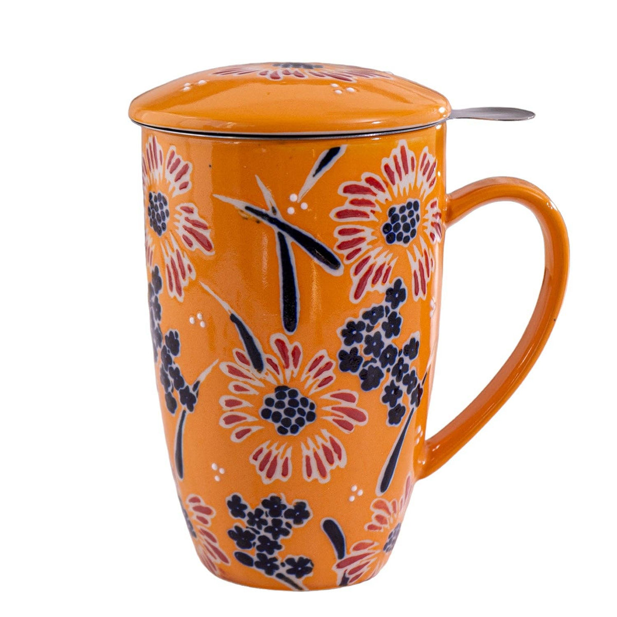 Yellow Flower Porcelain Tea Mug with Lid and Infuser – 15 oz