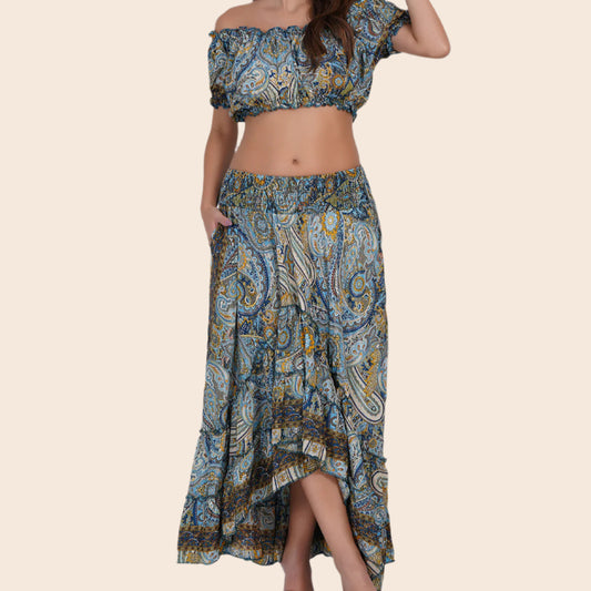 Printed Crop Top and Skirt Set