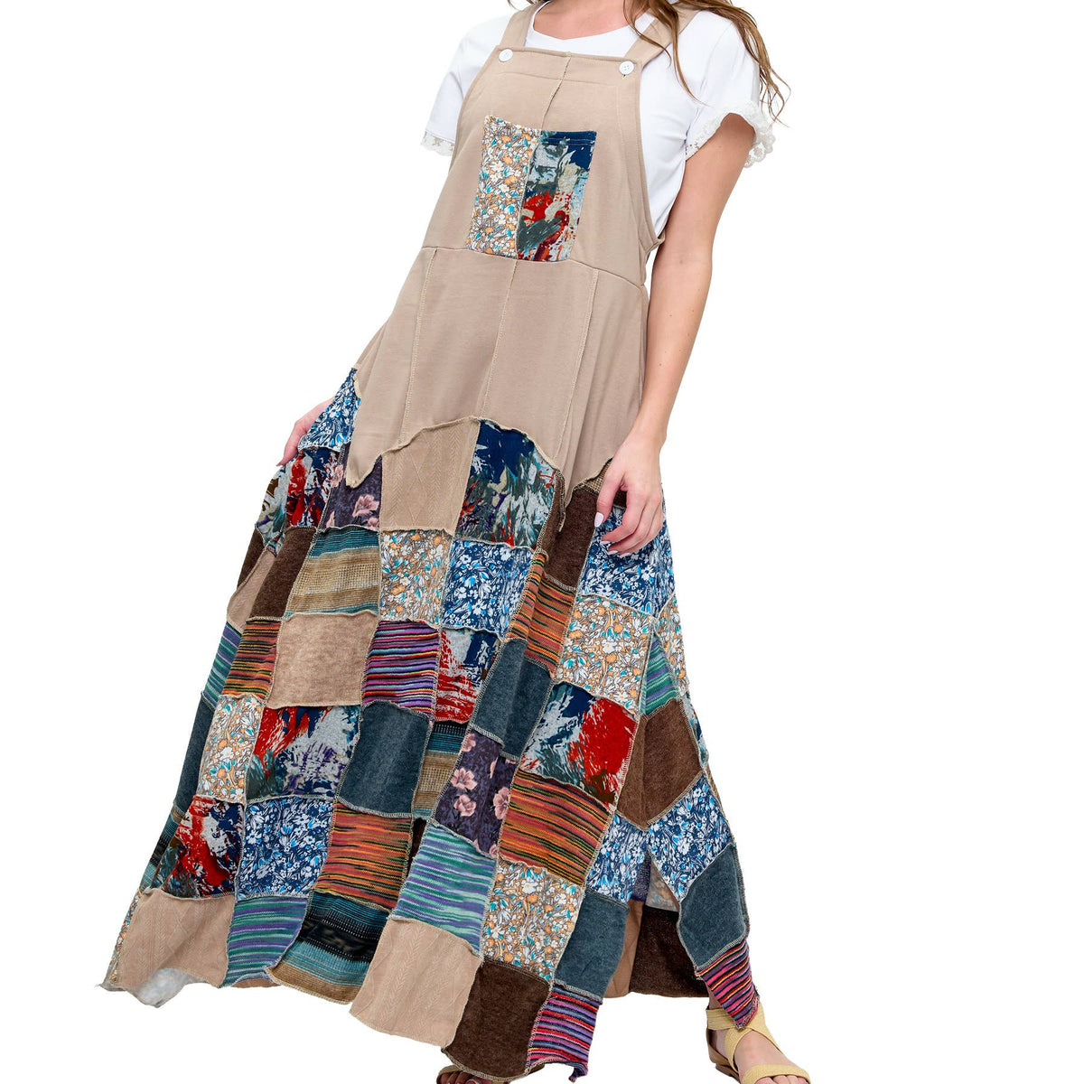 Overall Maxi Dress Patchwork Multicolor Skirt
