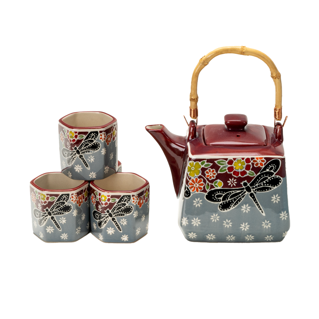 Dragonfly Tombo Porcelain Tea Set – 20 oz Teapot with 4 Hexagon Cups