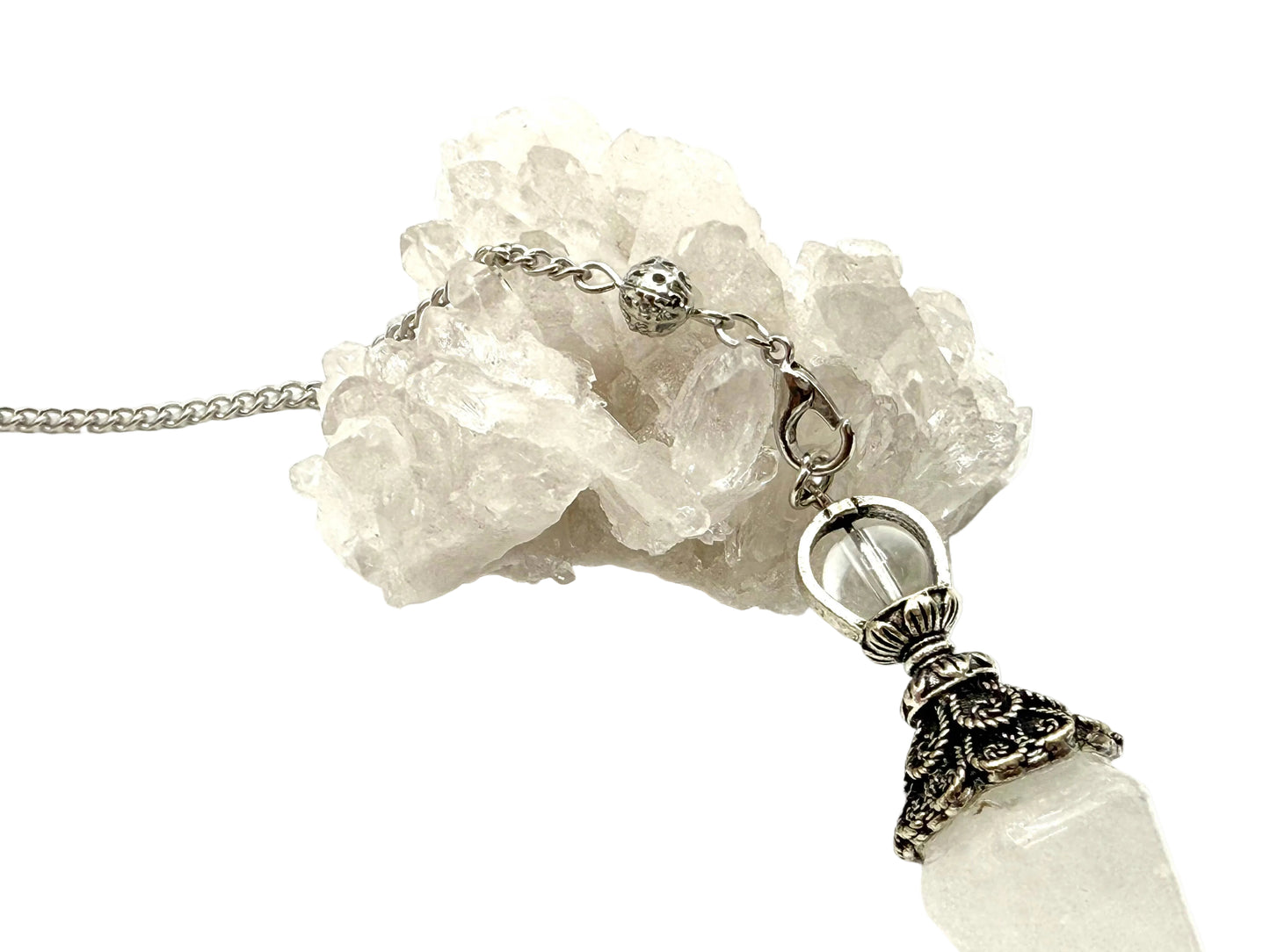 Clear Quartz Double Cap Pendulum with Silver Plate Chain