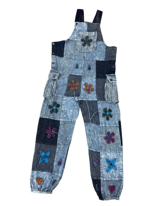 Gray Patchwork Floral Overalls