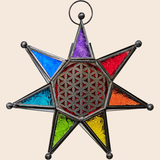 Glass & Metal Tea-Light Lantern Chakra Star w/ Flower of Life
