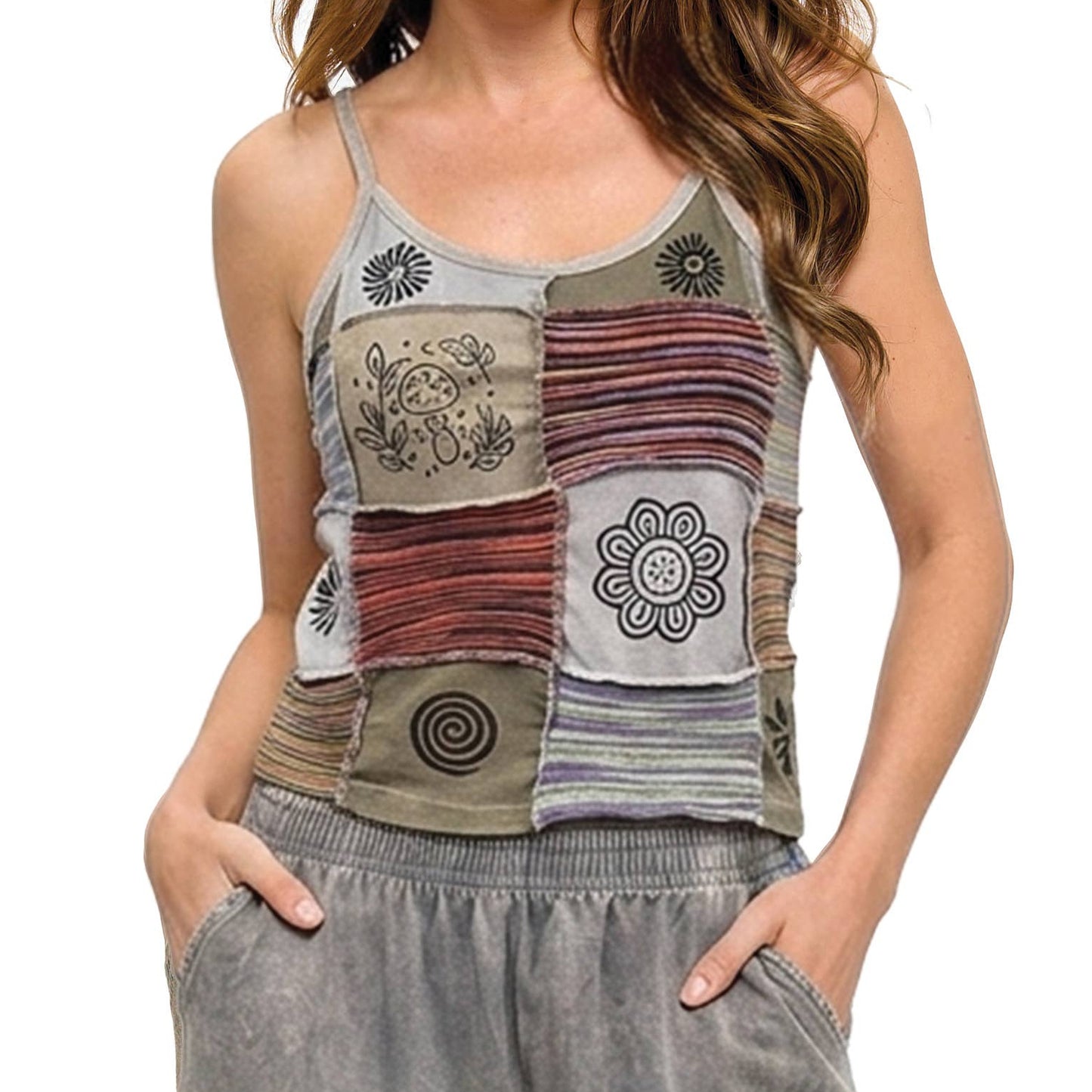 Boho Patchwork Ribbed Tank Top Art Painted