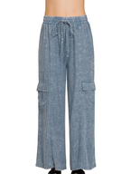 Washed Linen Elastic Waist Cargo Pants