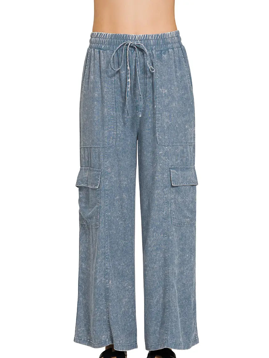 Washed Linen Elastic Waist Cargo Pants